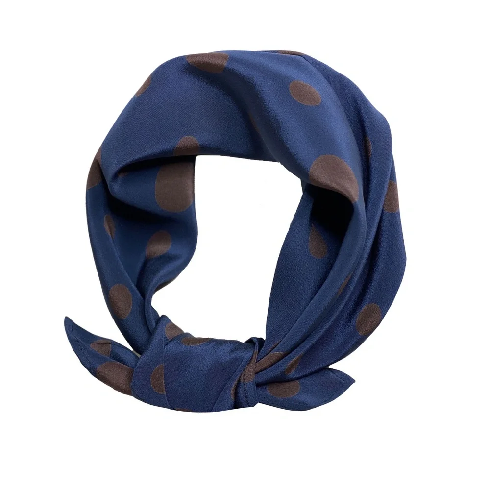 NWT SILKLETTE Floating Polka Dots 100% Fine Silk Kerchief Scarf NAVY/BROWN
